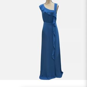 BCBG MAXAZRIA Womens Long Party Dress French Blue Sleeveless Ruffle Size 2